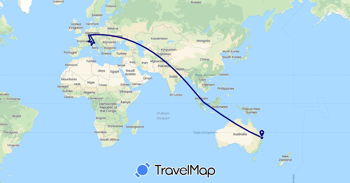 TravelMap itinerary: driving in Australia, Switzerland, Germany, Italy, Singapore (Asia, Europe, Oceania)